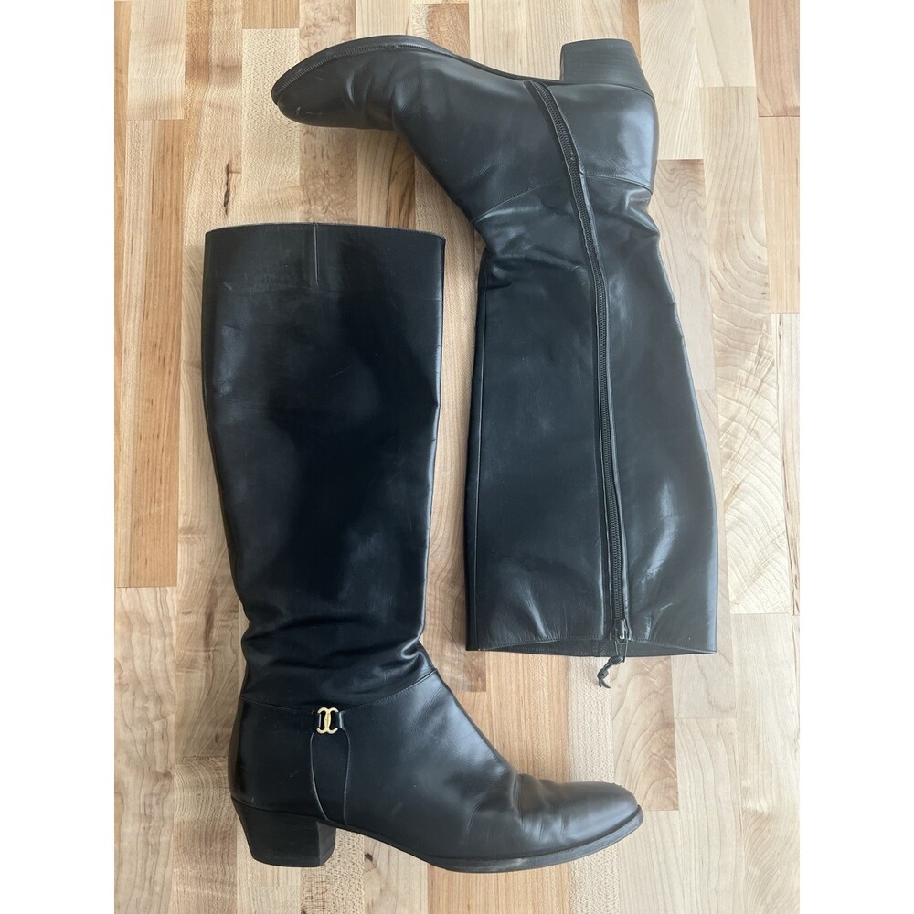 Salvatore Ferragamo Black Leather Riding Boots Equestrian Low Heel Size 8